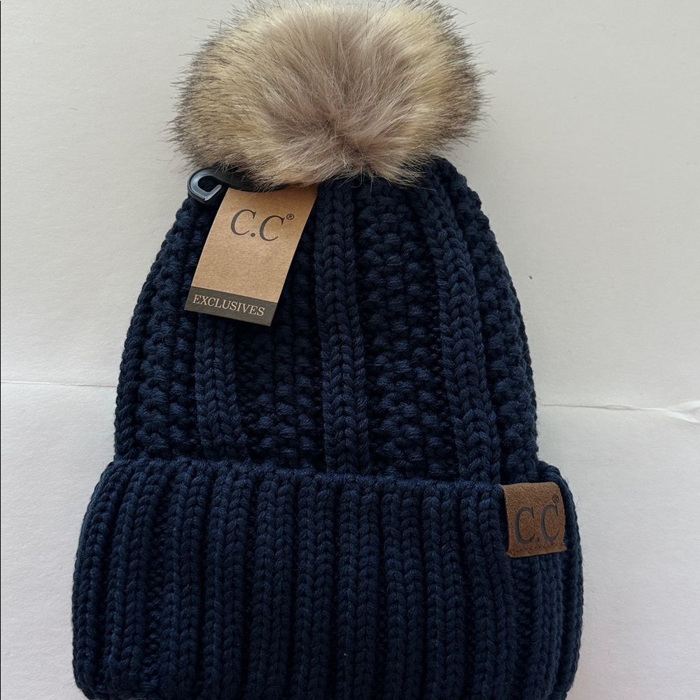 C.C  Navy Knit Pom-Pom Beanie Fuzzy Fleece - Picture 4 of 5